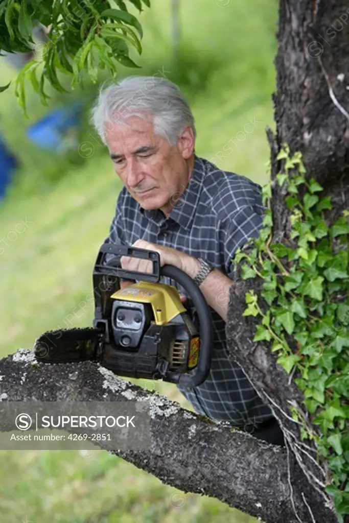 Senior using a chainsaw.