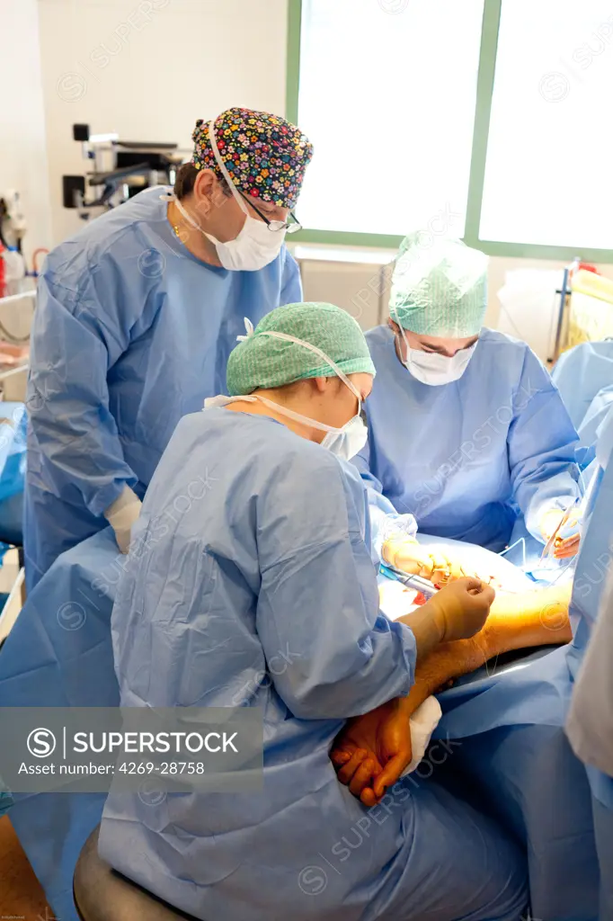 Reconstructive and restorative surgery. Arm reconstruction. Operating room. Bordeaux hospital, France.