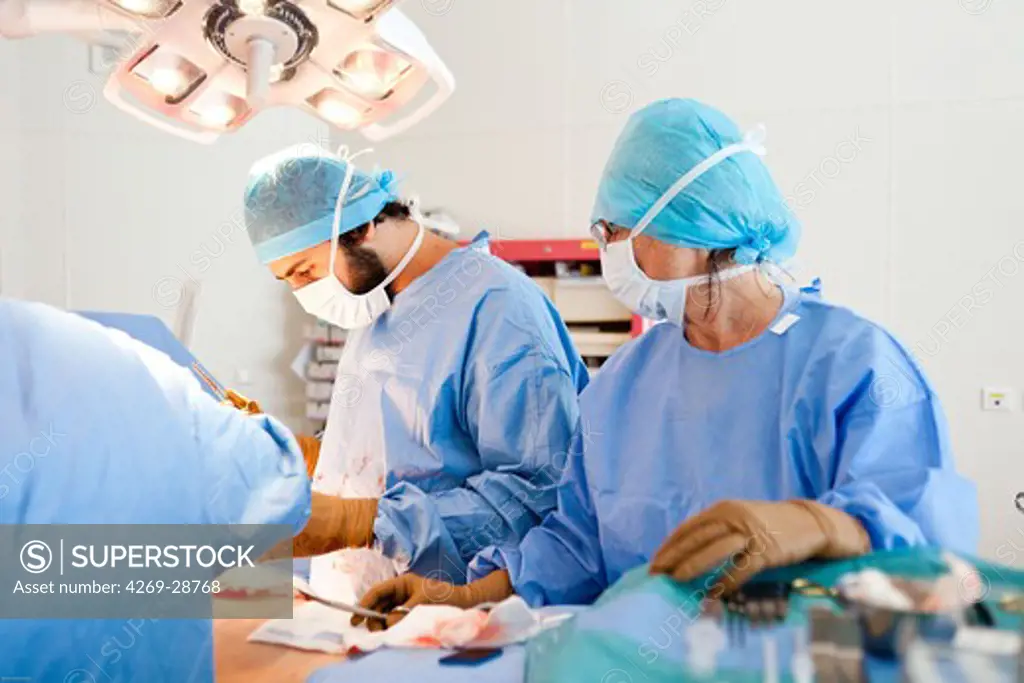 Reconstructive and restorative surgery. Surgeon and nurse. Bordeaux hospital, France.