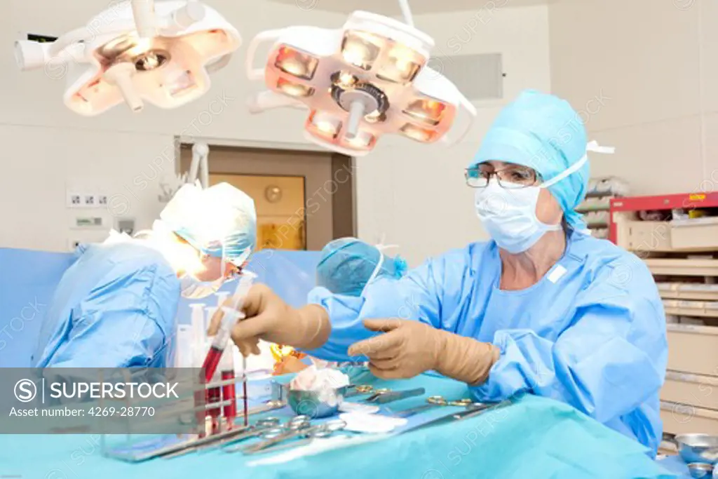 Reconstructive and restorative surgery. Breast reconstruction by autologous fat cells. Nurse. Bordeaux hospital, France.