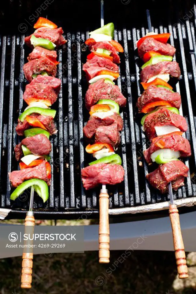 Skewers of beef cooked on the barbecue.