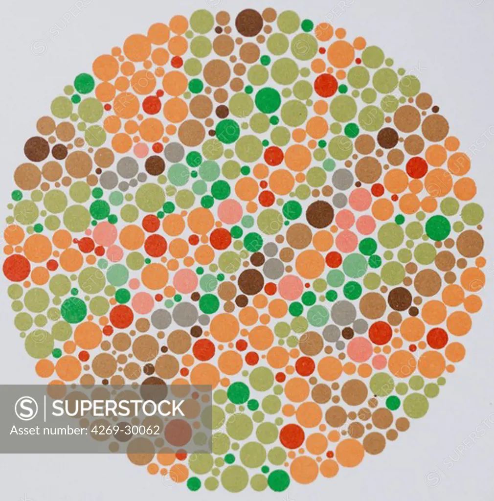 Colour blindness test. Ishihara color vision test plates used for color blindness screening.