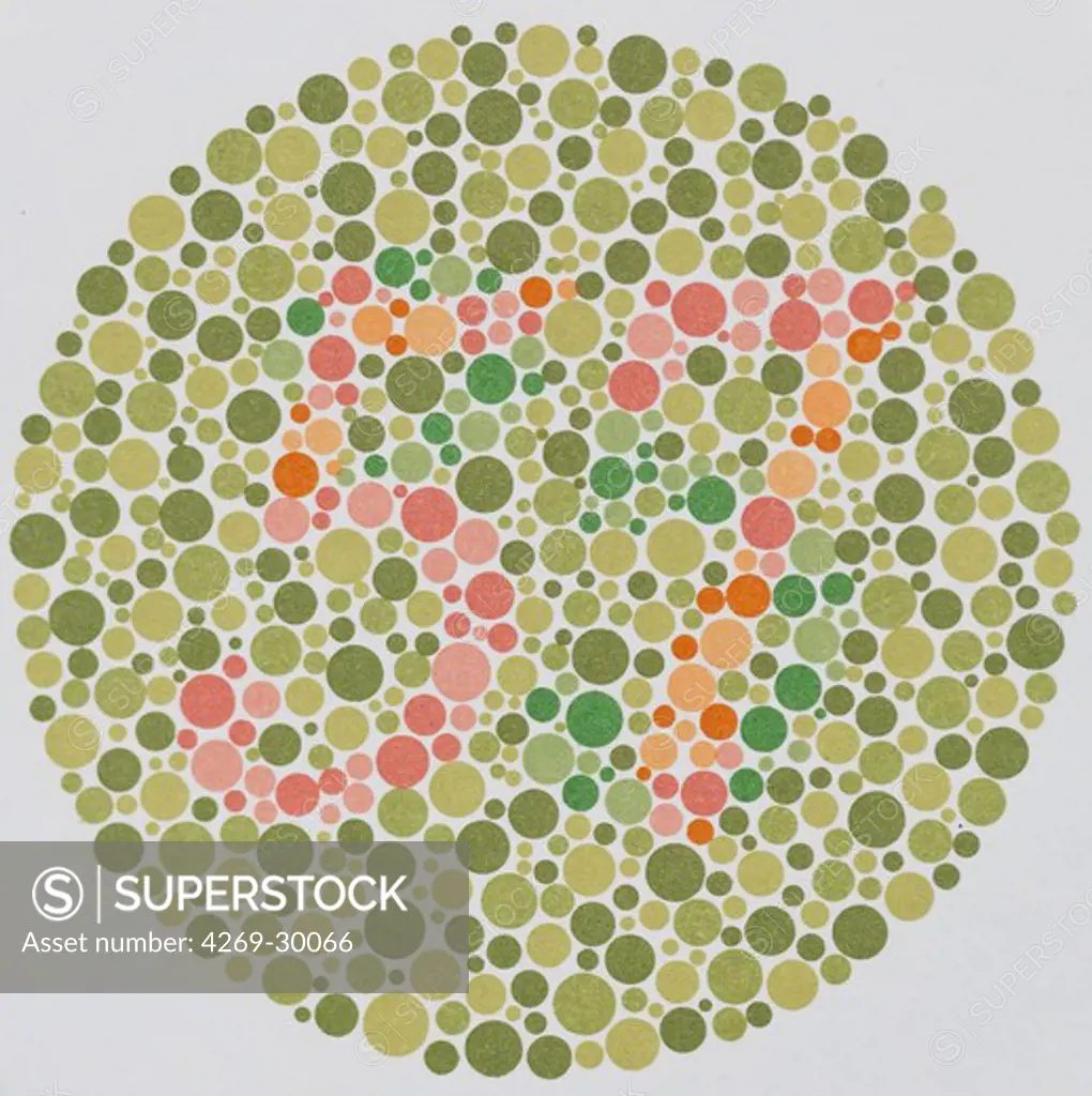 Colour blindness test. Ishihara color vision test plates used for color blindness screening.