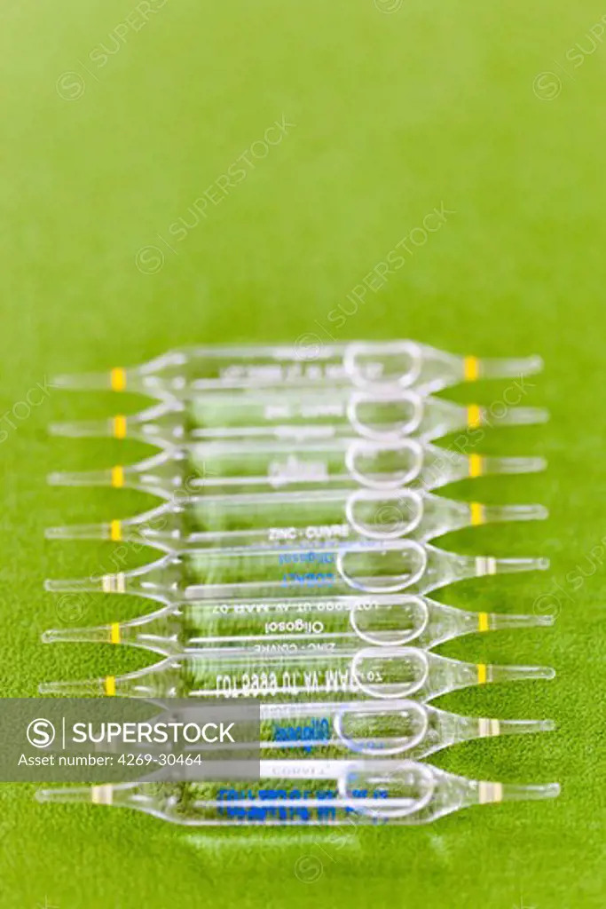 Trace element. Glass ampoules of various trace elements.