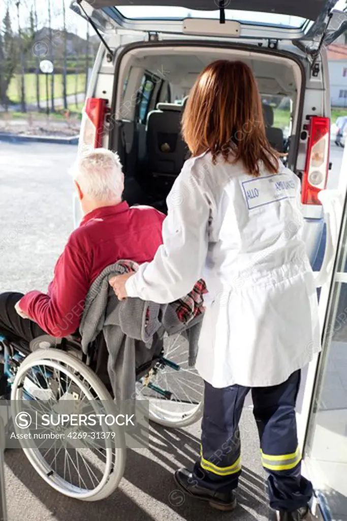 Ambulance transport from home to office physical therapy for an elderly man with diabetes who underwent a leg amputation.