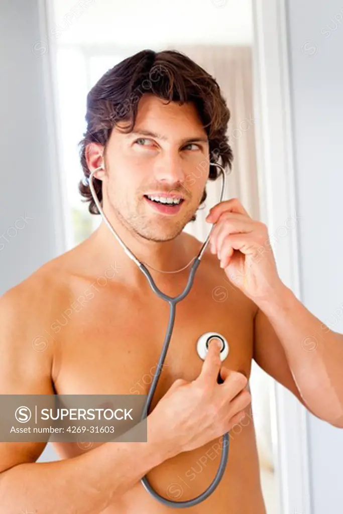 Man checking her hearbeats with a stethoscope, illustration for self-monitoring.