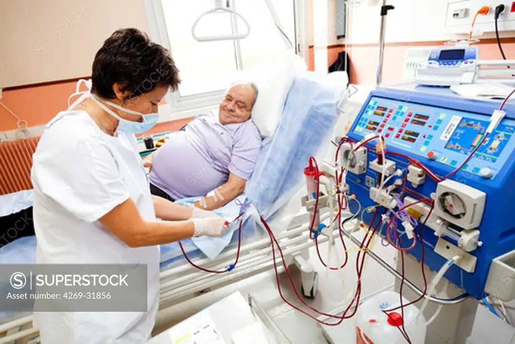 Blood transfusion of anemic patient during a hemodialysis session. Nurse according to the protocol control Transfusion. Limoges hospital, France.