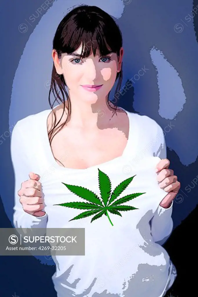woman wearing a t-shirt with a cannabis leaf.