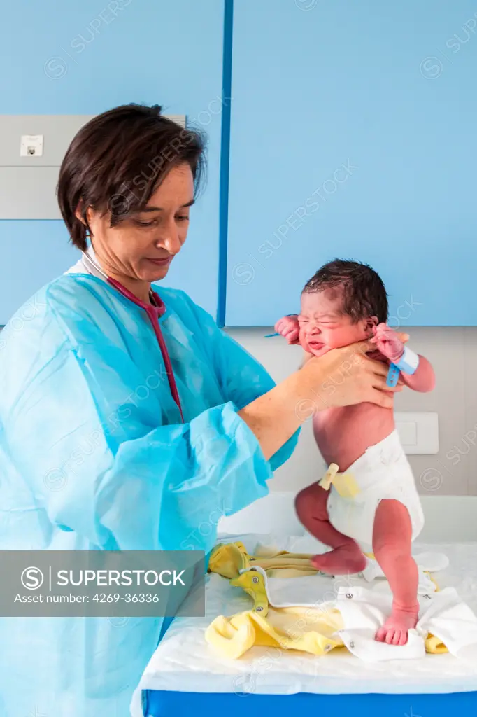 Pediatrician examining a newborn baby (stepping or walking reflex) Maternity department, Cochin hospital, Paris, France