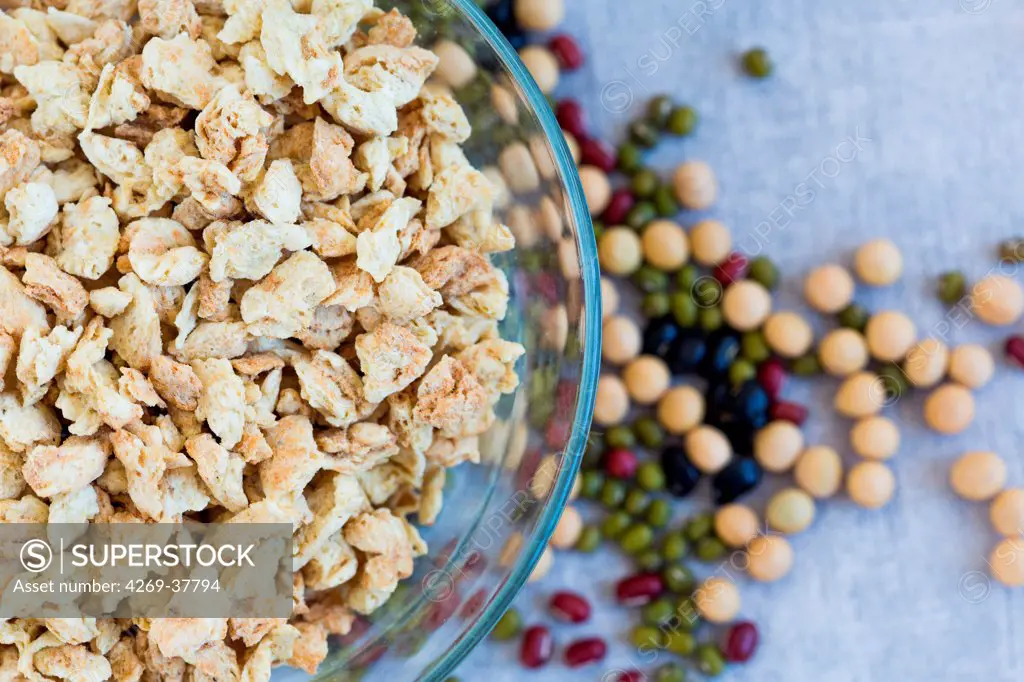 Soya protein chunks, Made from defatted steamed soybeans, they are used as a meat substitute.