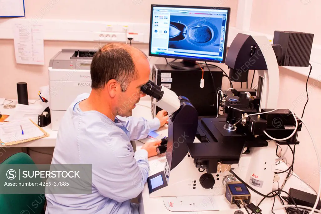 Technician using a light microscope to inject human sperm into a human egg cell (ovum) during in vitro fertilisation (IVF), This technique is known as intracytoplasmic sperm injection (ICSI), Medically Assisted Procreation Laboratory, (CECOS), Bordeaux hospital, France.