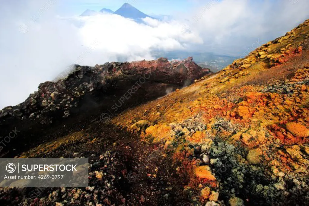 Sulphur smokes and rocks of the Pacaya, 2 552 m high active volcano, near Antigua, Guatemala.