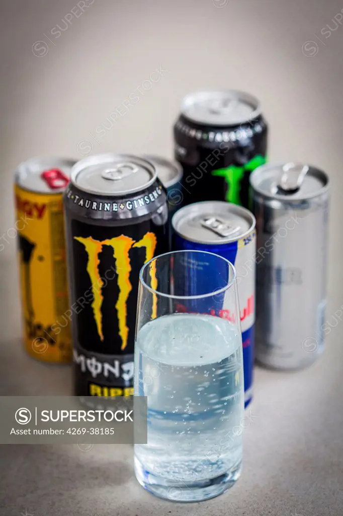 Assorted energy drinks.