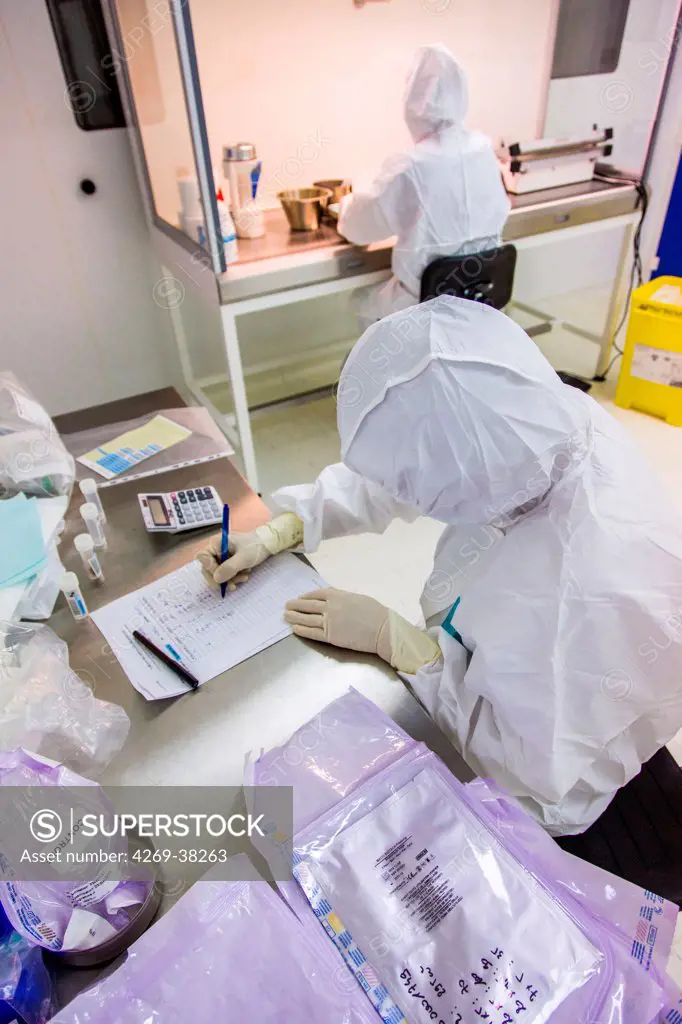 Preparation of a skin donation in a cleanroom before preservation, cell and Tissue Unit of CTSA in Clamart, France.