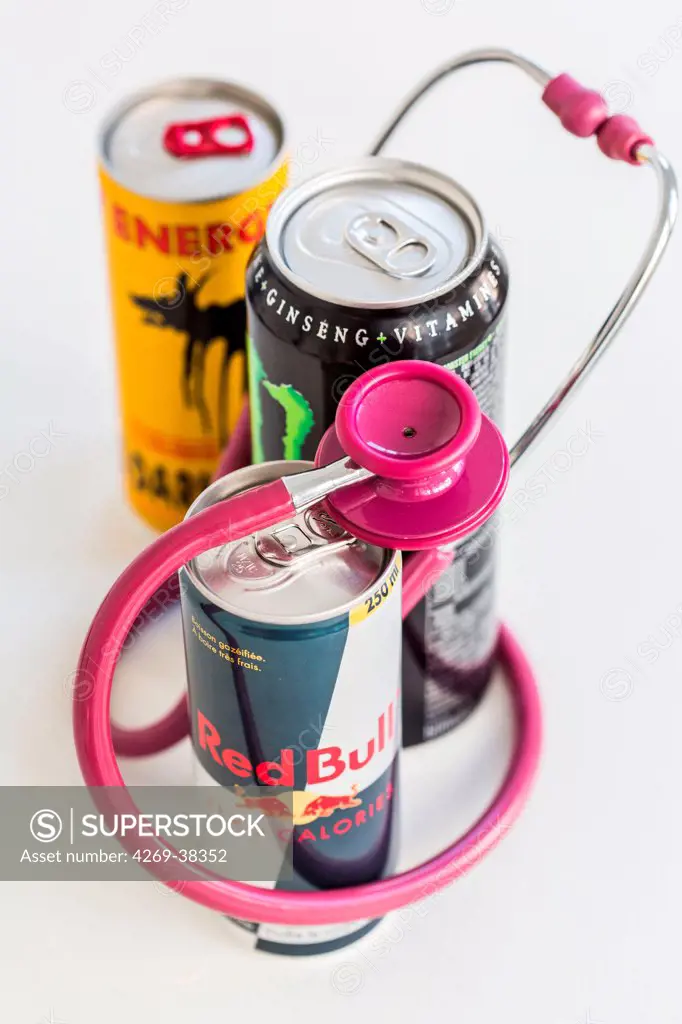 Assorted energy drinks and stethoscope.