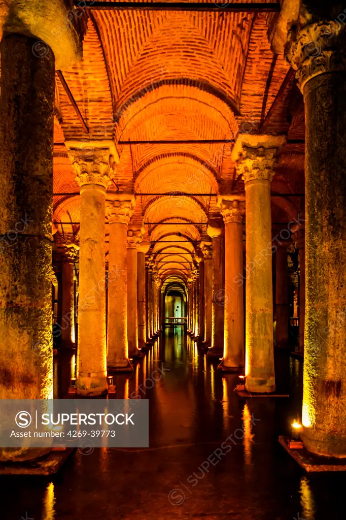 Interior of Basilica Cistern, Istanbul, Turquey.