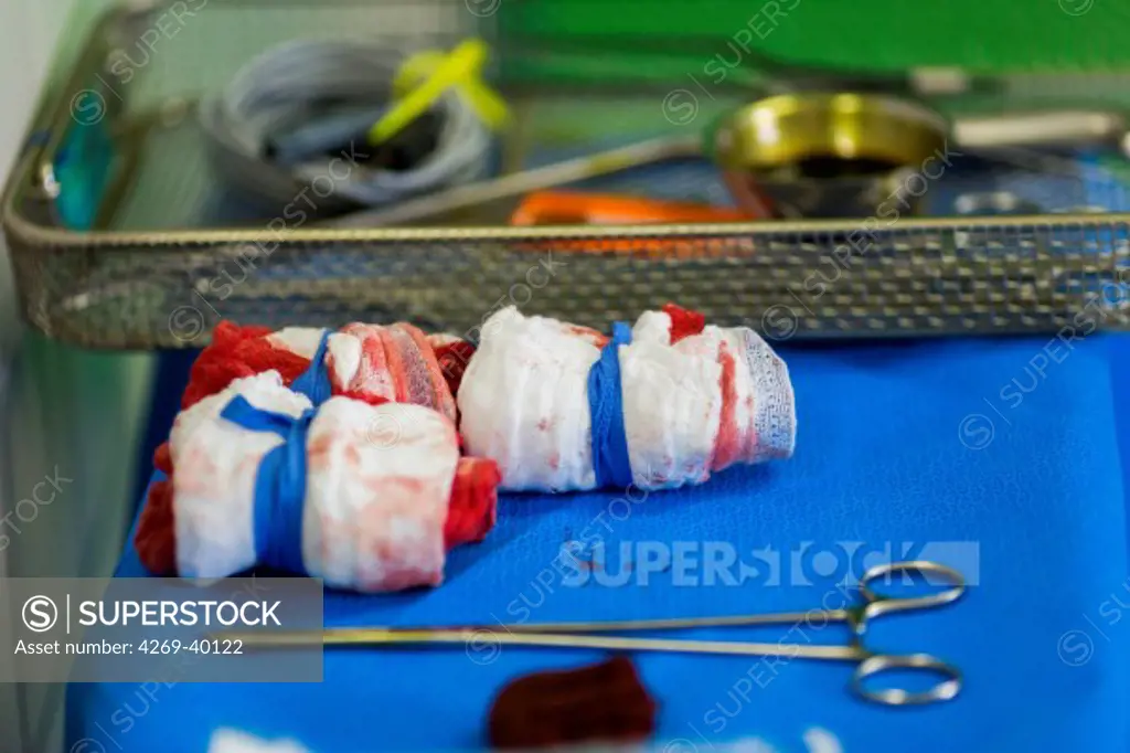 Blood-stained surgical swabs after an operation.