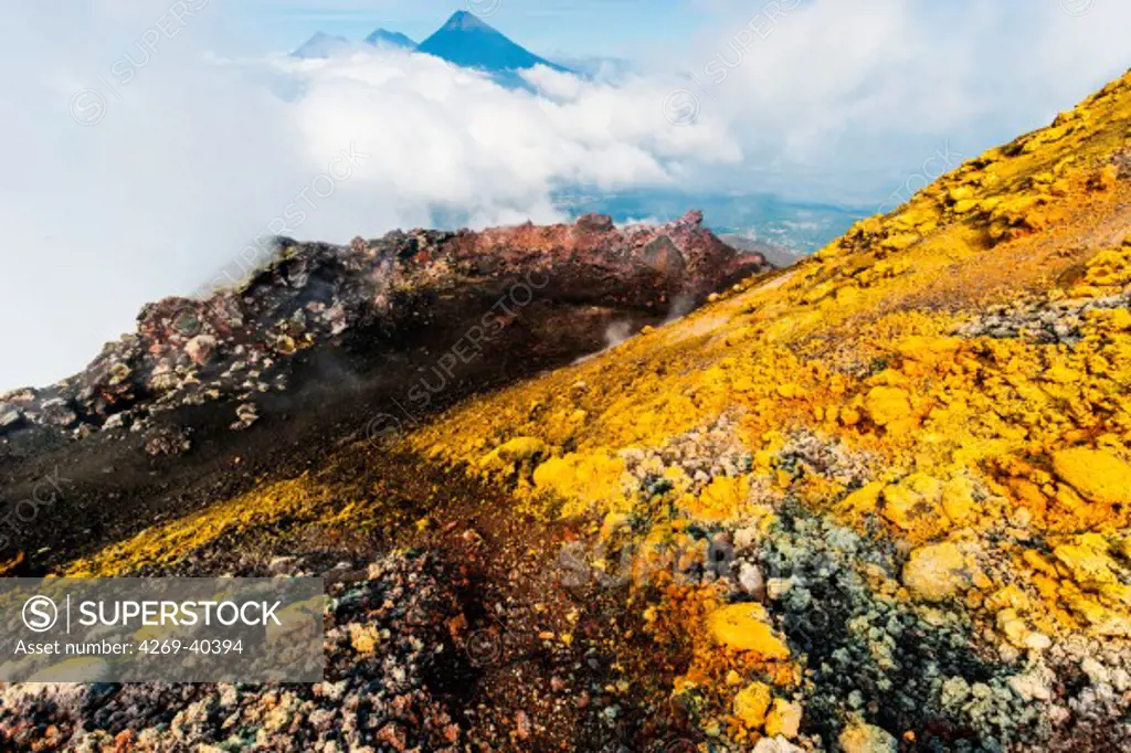 Sulphur smokes and rocks of the Pacaya, 2 552 m high active volcano, near Antigua, Guatemala.