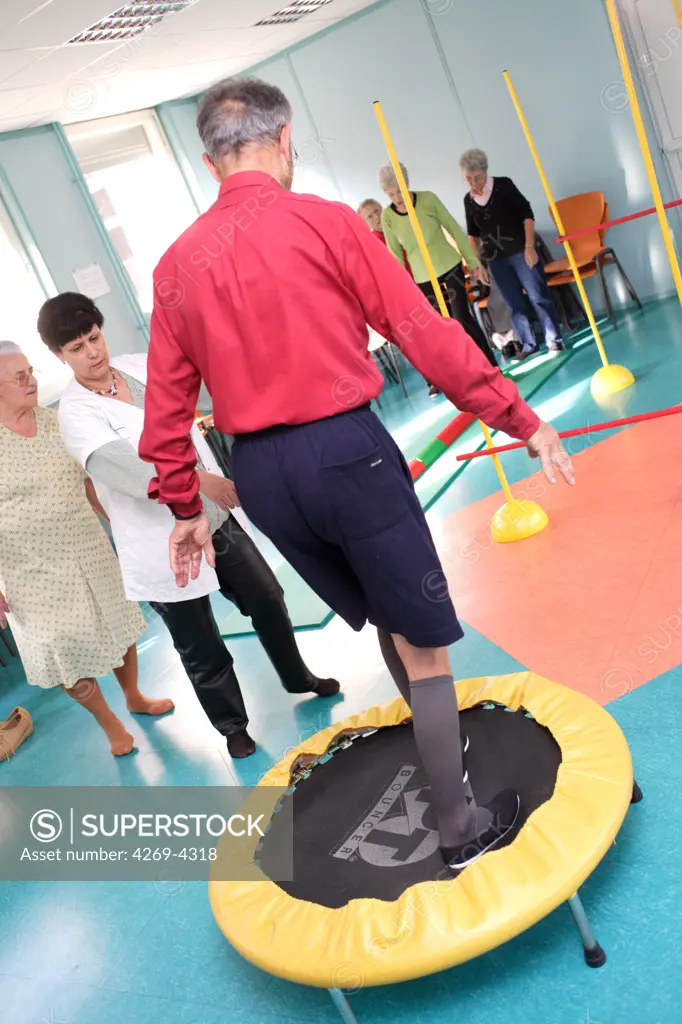 Institute of Prevention and Researches on Osteoporosis (IPROS), Porte Madeleine Hospital, Orléans, France. This institute implements actions of prevention and information with the public. Patients learn how to participate in monitoring their disease and treatment. Here they practise physical exercises on a trampoline in a workshop called Balance and fall prevention.