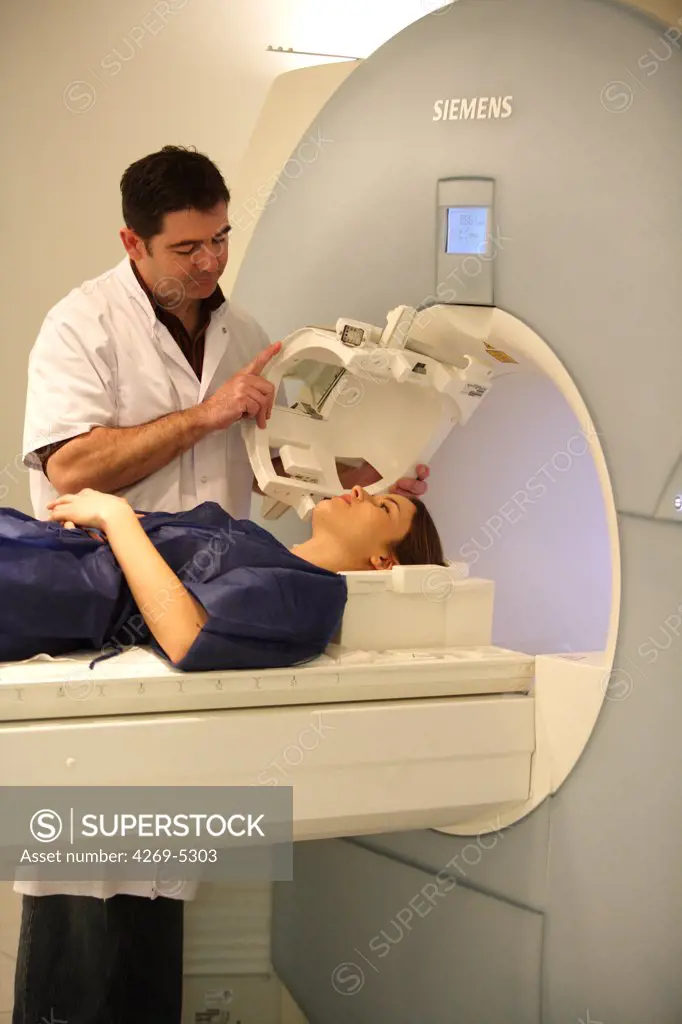 Patient undergoing a MRI (Magnetic Resonance Imaging) of the brain.