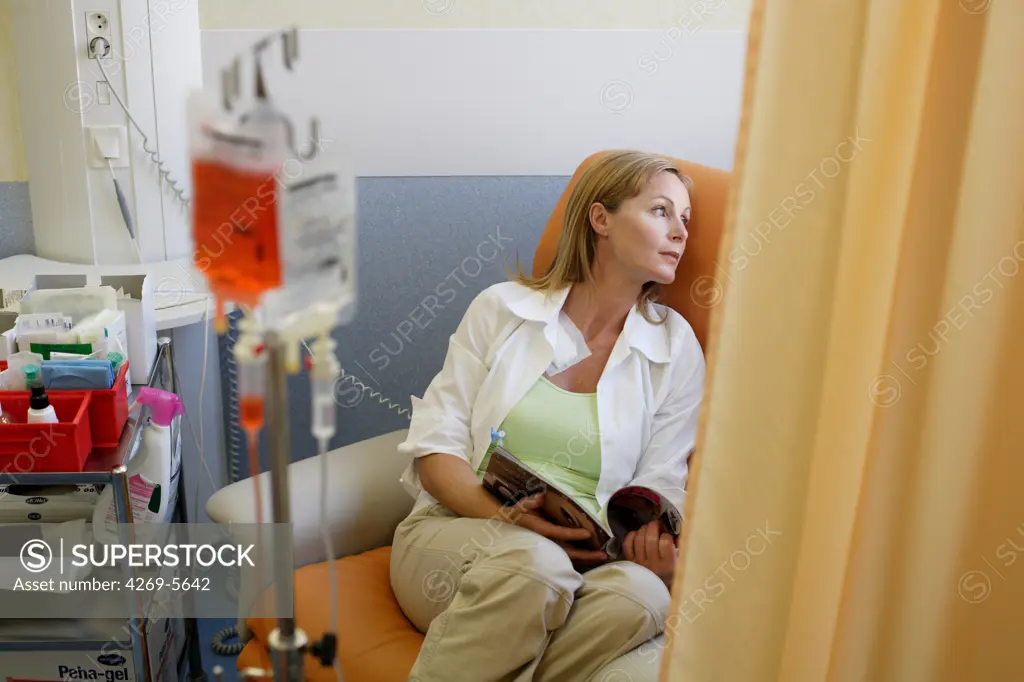 Oncology department. Patient with cancer receiving chemotherapy in day hospital.