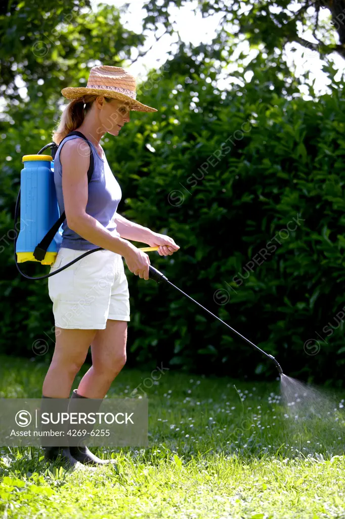 Woman spraying weed killer of pesticide in the garden.