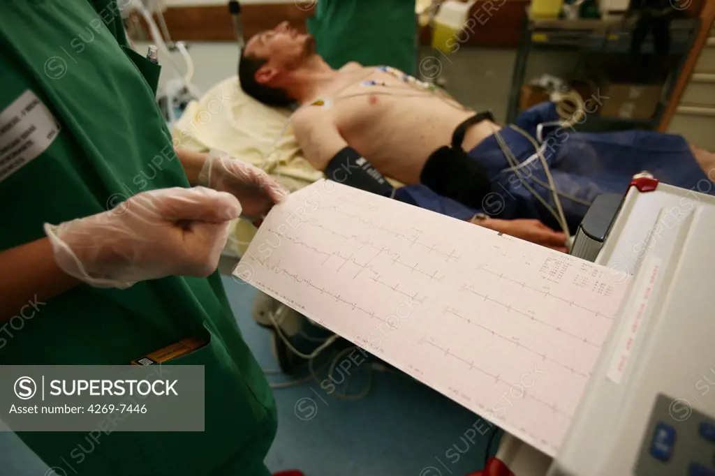 Patient undergoing an electrocardiogram. Emergency Department, Lariboisière Hospital, Paris, France.