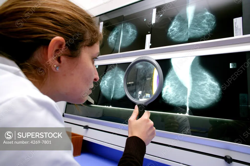 Breast cancer screening : a radiologist examines mammograms on a lightbox with a magnifier.