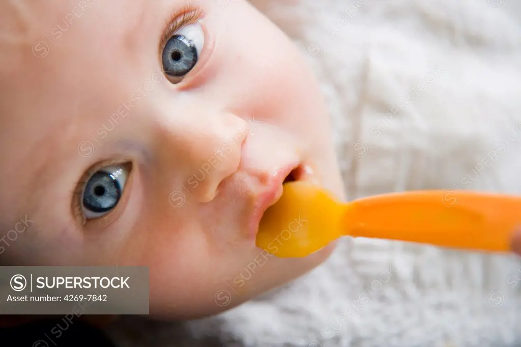 9 months old baby being fed with spoon.