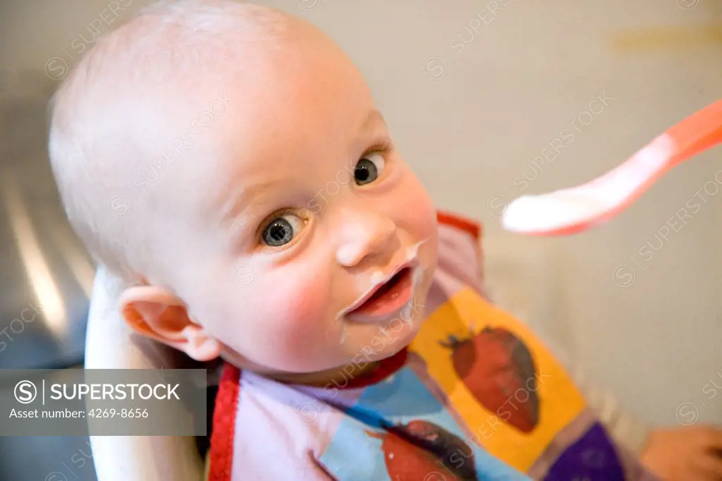 12 months old baby boy spoon-feeding.