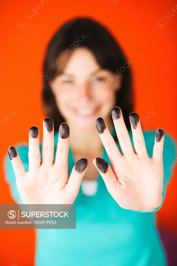 Woman with ink on fingers : illustration for fingerprints.
