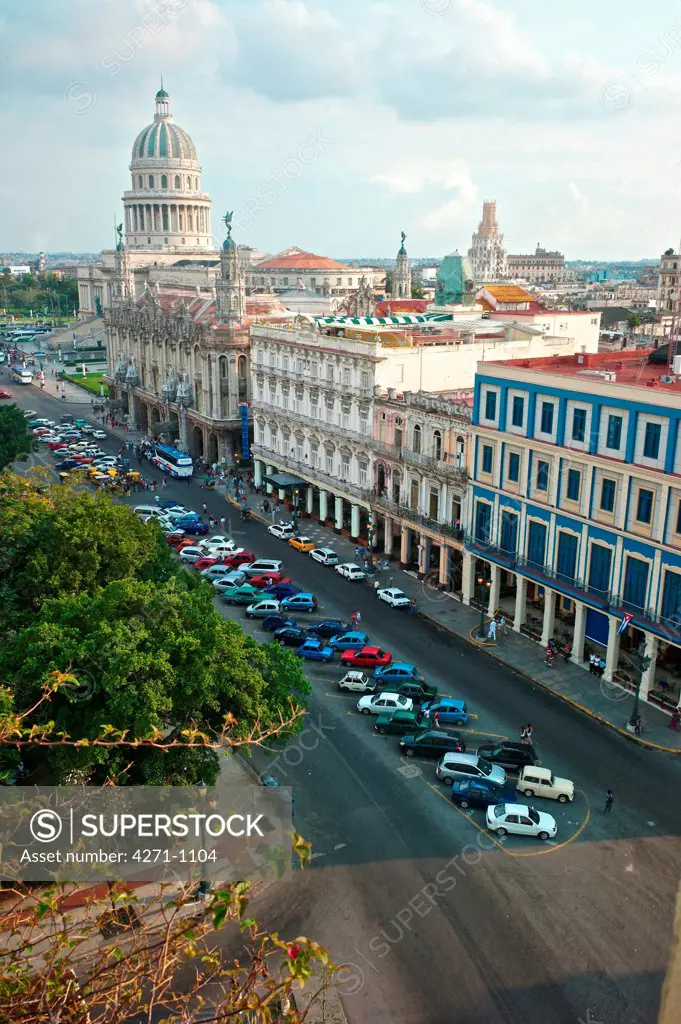 Cuba, Havana, Old Havana, Views from El Parque Central and El Capitolio (Hotel Inglaterra, Hotel Telegrafo and Grand Theatre)