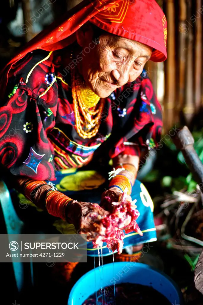 Panama, Kuna Yala, Ninety years old Indigenous Guna midwife prepares natural medicines, boiling and cooking different plants, herbs and roots