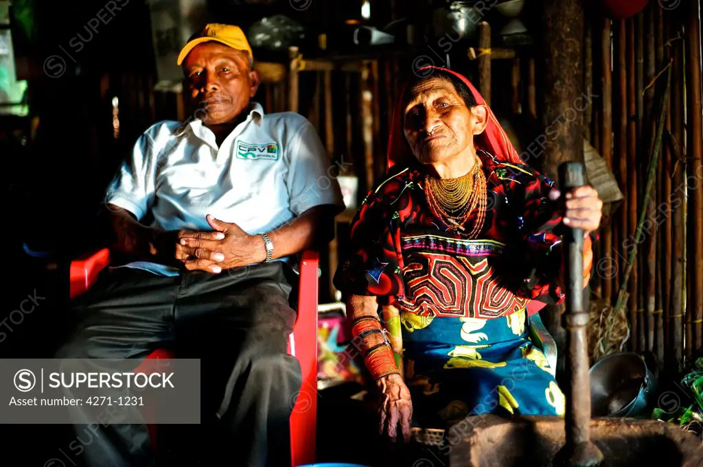 Panama, Kuna Yala, Ninety years old Indigenous Guna midwife with her husband