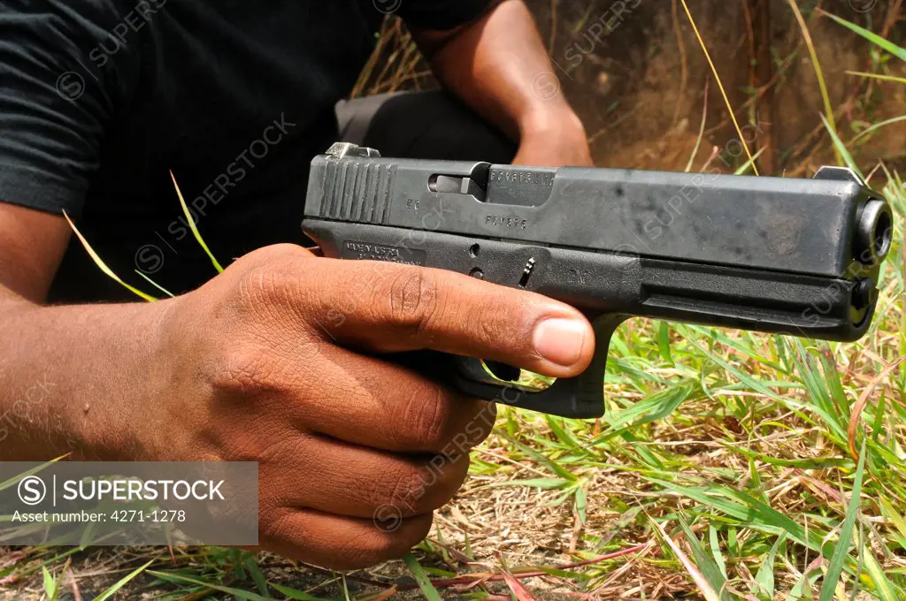 Arrest drill at a tactical and firearms training course at the Panamanian National Police force academy, Panama