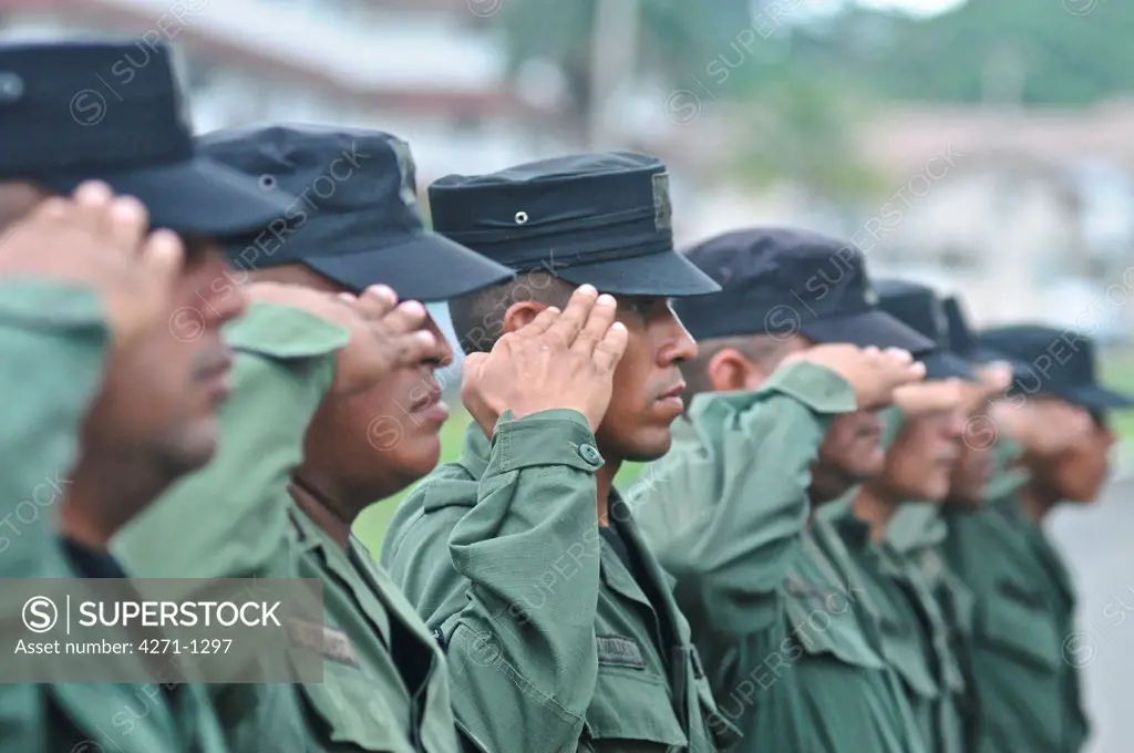 Uniformed officers saluting, Panamanian National Police forces, Panama