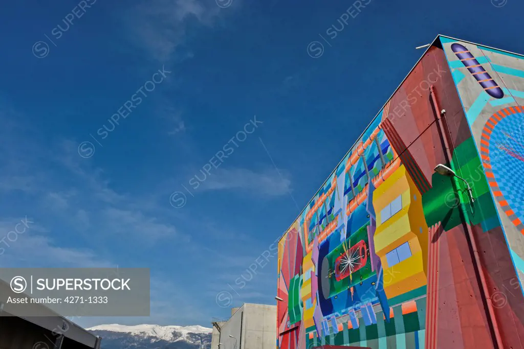 Switzerland, Geneva, ATLAS building with mural, CERN