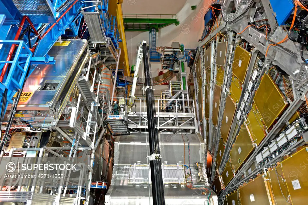 Switzerland, Geneva, Part of ATLAS Cavern in CERN. ATLAS Cavern, located 92 m. below ground, hosts the detector, with its muon wheel, 240 tones end-cap magnets and 830 tones barrel toroid magnets. CERN, the European Organization for Nuclear Research, is the biggest particle physics laboratory in the world.