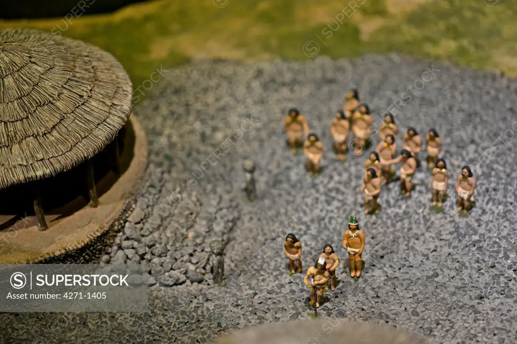 Costa Rica, San Jose, Pre-Columbian Gold Museum, Figurine presenting Pre-Columbian communities. Political and religious leadership rolls represented. Recreation of Pre-Columbian communities.