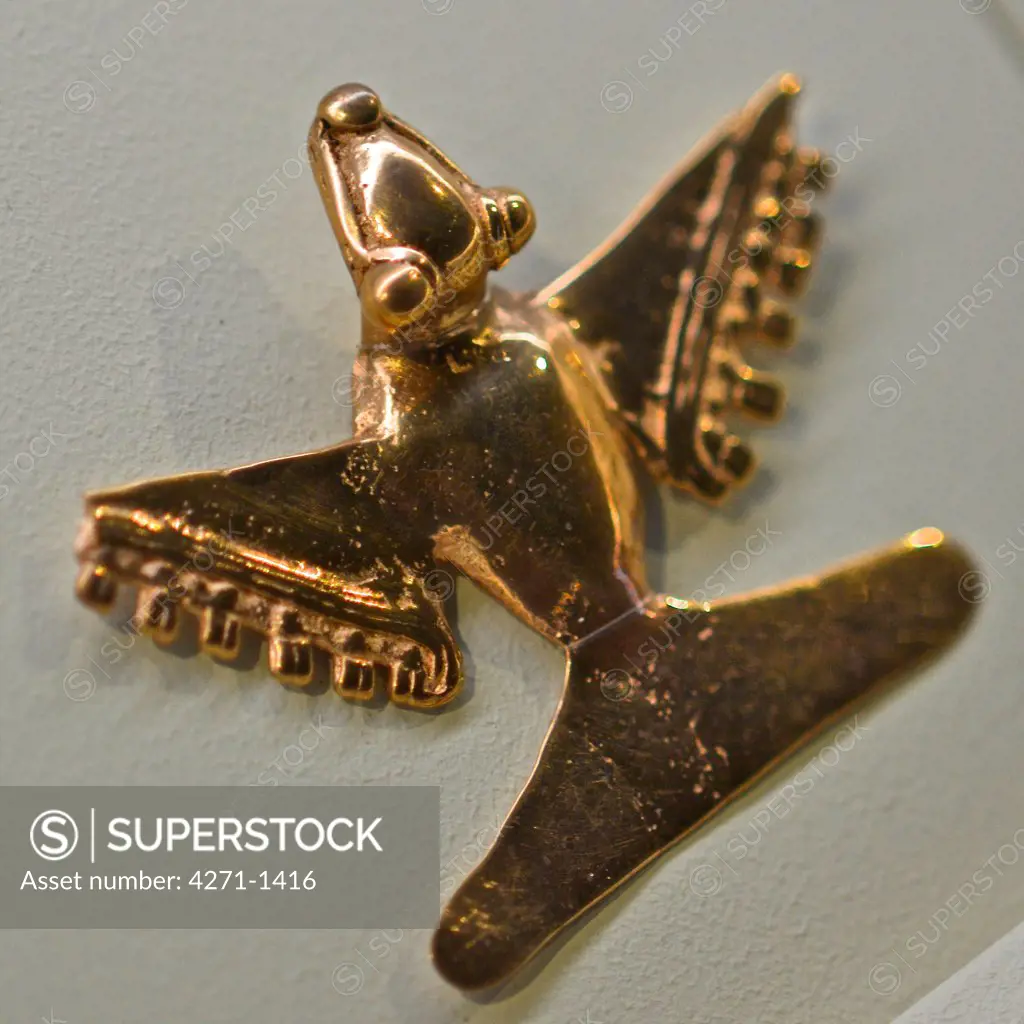Costa Rica, San Jose, Pre-Columbian Gold Museum, Gold metalworking with shape of birds representing spirits invoked by shaman
