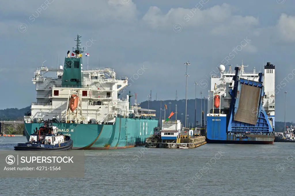 Panama, Miraflores Locks, Panama Canal with its 48-mile ship canal