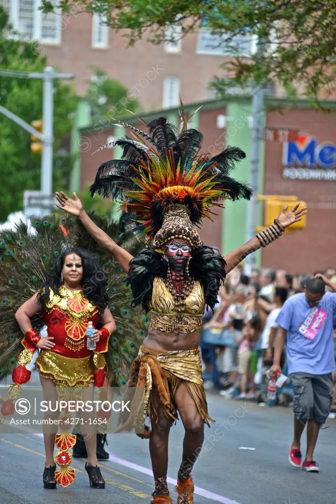 USA, New York State, New York City, Jackson Heights neighborhood, Men wearing rich costumes during 2013 Queens Pride