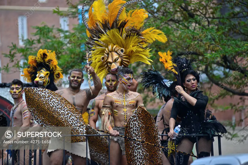USA, New York State, New York City, Jackson Heights neighborhood, Men Celebrating during 2013 Queens Pride