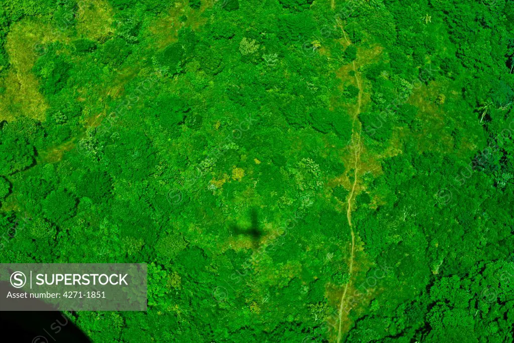 Shadow of a small plane flying over a forest in the Municipality of Nueva Guinea, within the Southern Autonomous Region on the Atlantic coast of Nicaragua.