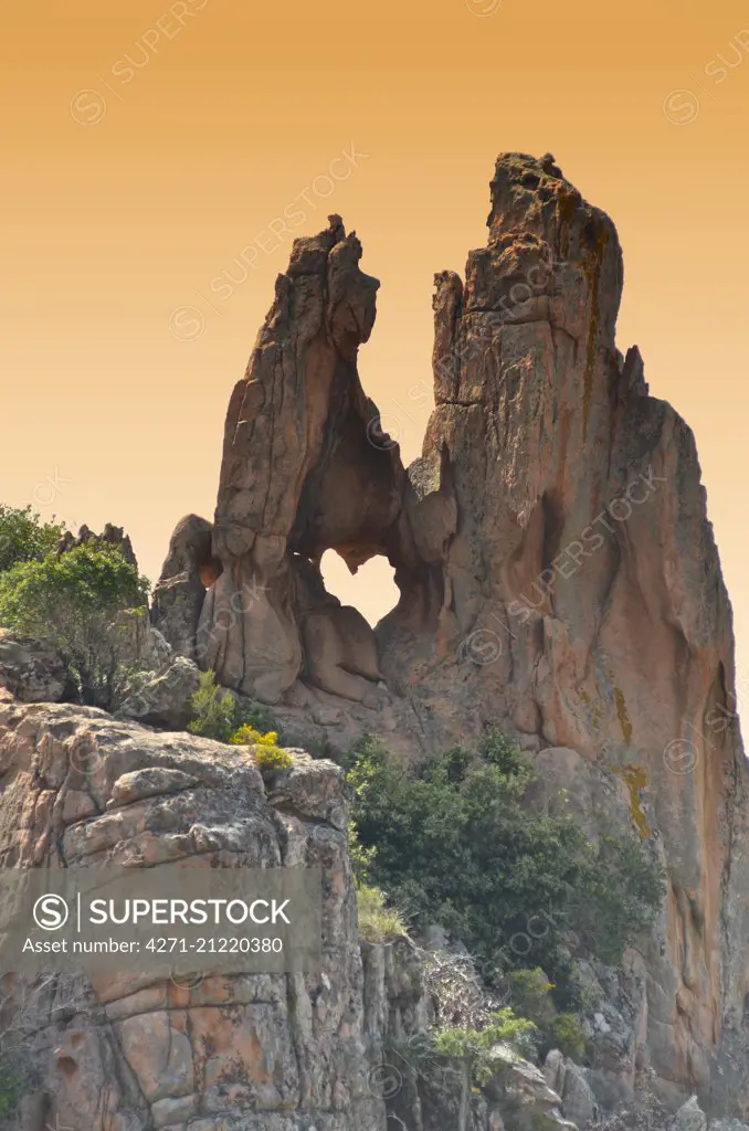 Heart shaped rock formation. Les Calanches, volcanic red rocks formations mountains, Piana, Corsica Island (France )