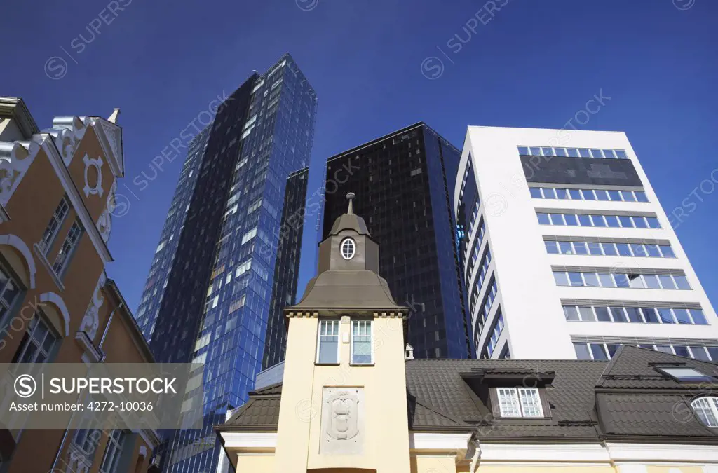 Estonia, Tallinn, Contrasting Modern And Traditional Architecture In Business District