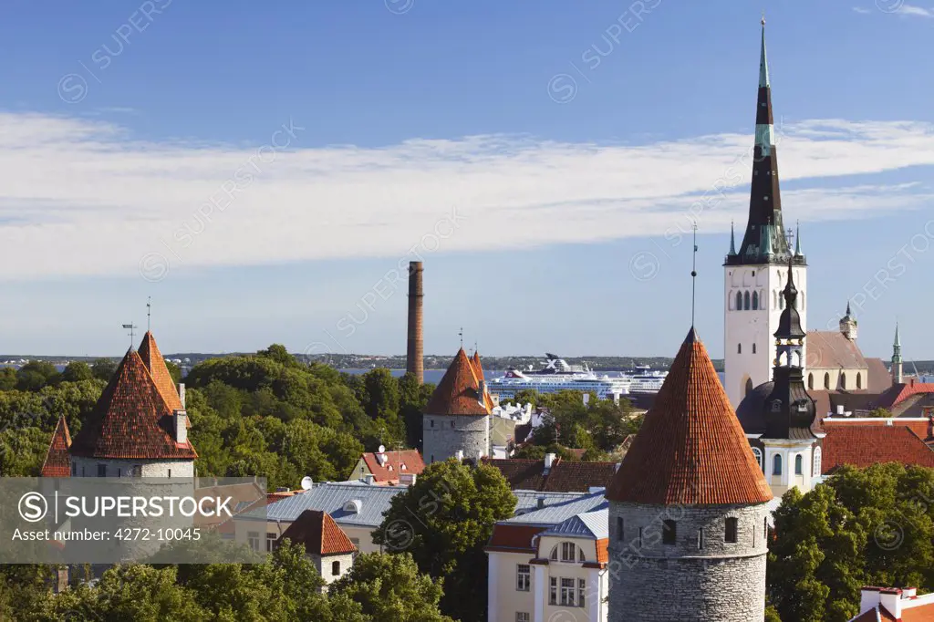 Estonia, Tallinn, View Of Lower Town With Oleviste Church In Background