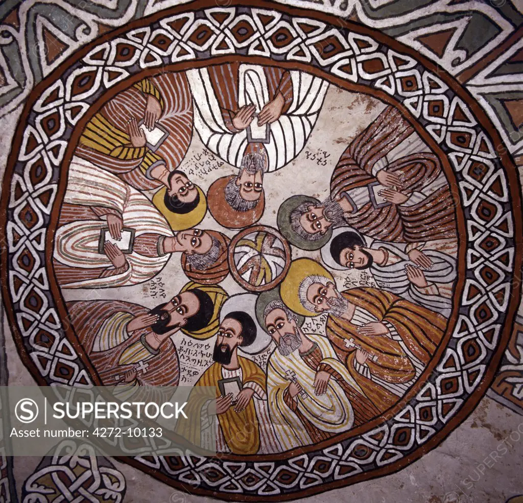 The rock hewn church of Abune Yemata in the Gheralta Mountains near Guh is renowned for its truly remarkable murals.  The fifteenth century mural on its domed ceiling depicts nine of the twelve apostles who came to Ethiopia from the Mediterranean towards the end of the fifth century.
