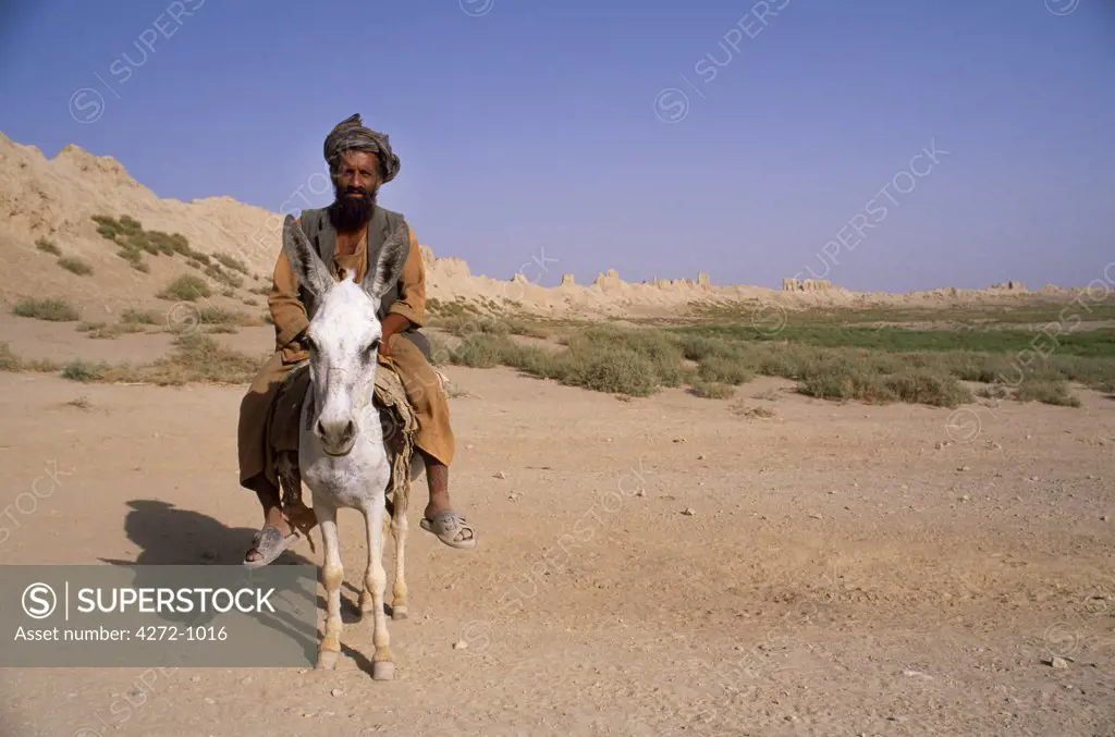 Afghanistan, Balkh. Man on donkey, walls of old city Balkh in the background, northern Afghanistan. The mud walls of the Bala Hissar (fort) at Balkh are mostly Timurid period (1370-1506) in date but are built on early, part Kushan-era foundations. The Timurids extended the walls to a circumference of about 10km and, in places they still stand at 20 metres high