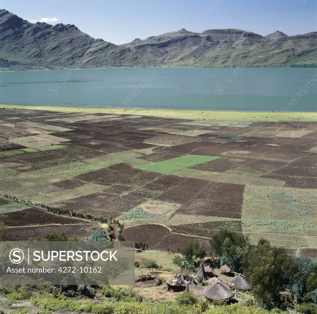 Fertile farming land surrounds Lake Ashange in northern Ethiopia. Ethiopia is a land of vast horizons and dramatic scenery.  The weathered mountains in the Ethiopian Highlands exhibit layer upon layer of volcanic material, which built the plateau into Africas most extensive upland region.